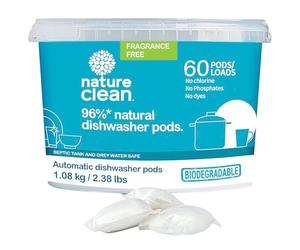 Nature Clean Cápsulas de detergente para lavavajillas no tóxicas, cápsulas de lavavajillas a base de plantas, cápsulas no tóxicas y sin perfume, resistentes a la grasa, poder de limpieza ecológico, 60