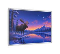Nature Moose Purple Winter Landscape Framed Canvas Print - Illustrative Living Room, Large Wall 36×24 inch (90×60 cm) - Horizontal/White / 1.25 inch (3 cm)