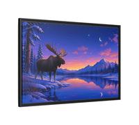 Nature Moose Purple Winter Landscape Framed Canvas Print - Illustrative Living Room, Large Wall 36×24 inch (90×60 cm) - Horizontal/Black / 1.25 inch (3 cm)