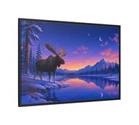 Nature Moose Purple Winter Landscape Framed Canvas Print - Illustrative Living Room, Large Wall 48×32 inch (120×80 cm) - Horizontal/Black / 1.25 inch (3 cm)