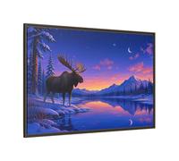 Nature Moose Purple Winter Landscape Framed Canvas Print - Illustrative Living Room, Large Wall 48×32 inch (120×80 cm) - Horizontal/Espresso / 1.25 inch (3 cm)