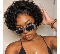 Nature - Peluca de pelo corto rizado de 8 pulgadas con encaje frontal, pelucas de cabello de corte Pixie, densidad del 180 %, prearrancadas con abuelitos, pelucas de encaje para mujeres negras