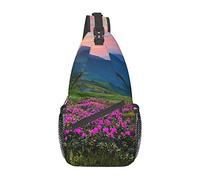 Nature Purple Flowers Meadow Mountain Scenic Cartoon Sling Bag, Mochila de Hombro Paquete de Pecho Causal Crossbody Daypack para Mujeres Hombres Senderismo Viajes