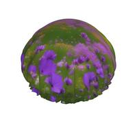 Nature Purple Flowers Meadow Mountain Scenic - Gorro de ducha impermeable de doble capa para mujer, ligero, portátil, suave, reutilizable, accesorio de baño