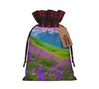 Nature Purple Flowers Meadow Mountain Scenic Print Christmas Drawstring Reutilizable Gift Bag Festive Packaging For Christmas Wrapping Needs