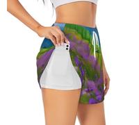 Nature Purple Flowers Meadow Mountain Scenic Print - Pantalones cortos deportivos de doble capa para mujer, para gimnasio, yoga, bicicleta, con bolsillos, tallas S-XXL, Blanco, Large