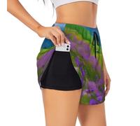 Nature Purple Flowers Meadow Mountain Scenic Print - Pantalones cortos deportivos de doble capa para mujer, para gimnasio, yoga, bicicleta, con bolsillos, tallas S-XXL, Negro -, XXL