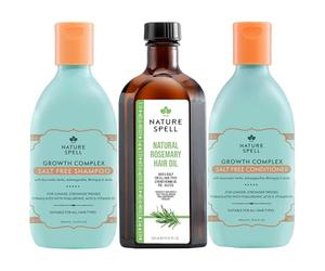 Nature Spell Hair Growth Trio, aceite de romero prediluido para cabello y cuero cabelludo, juego de champú y acondicionador, sin sulfatos, seguro para el color, vegano