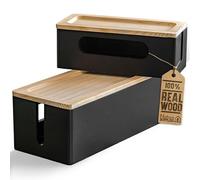 Nature Supplies 2 Cajas para Organizar Cables Hecha en Madera de Pino - 1 Caja Organizadora Mediana para Escritorio, 1 Organizador Grande para Piso (Negro)