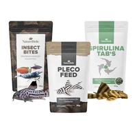 NatureHolic Juego de pastillas de pienso para bagres, Plecofeed, Spirulina Tabs & Insect Bites | variado suministro de nutrientes para bagres absorbentes, invertebrados y peces de fondo | con algas