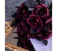 NatureMan 10 rosas artificiales, rosas negras, flores de seda falsas de un solo tallo, flores realistas para decoración de fiestas, ramo de boda, decoración de Halloween (rojo vino)