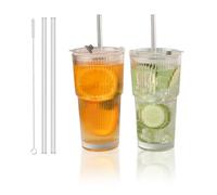 NatureMan Vasos de vidrio acanalado de 600 ml con tapas y popotes, 2 vasos de vidrio resistentes a las fugas, vasos de café helado, vasos para jugo, whisky, cóctel, se adapta a portavasos de coche