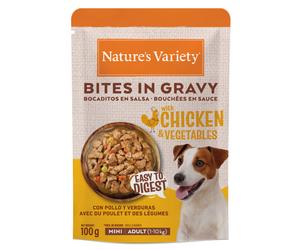 Nature's Variety Bites in Gravy Mini - Trozos en salsa para perros de raza pequeña - Pollo y verduras - Cantidad: 100 g
