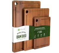 naturlik Set de 3 Tablas de Cortar de Bambú Carbonizado - Madera de Bambú Oscura con Ranura para Jugos - Sostenibles para Carne, Verdura, Queso y Pan - Preaceitadas y Duraderas