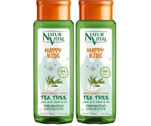 NaturVital - Champú Happy Kids Tea Tree Infantil, para Niños y Niñas, con Extracto de Tea Tree de Cultivo Bio Certificado, Natural e Hipoalergénico, sin Parabenos, Colorantes ni Siliconas, 300ml