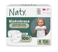 Naty BioEmbrace Pañales Bebé | Seguros para piel sensible | Protección antifugas hasta 100% | Suavidad vegetal | Sin cloro | Talla 4 (7-18 kg), 156 unidades