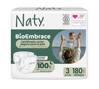 Naty BioEmbrace Pañales Bebé | Seguros para piel sensible | Protección antifugas hasta 100% | Suavidad vegetal | Sin cloro | Talla 3 (4-9 kg), 180 unidades