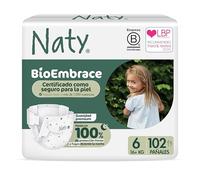 Naty BioEmbrace Pañales Bebé | Seguros para piel sensible | Protección antifugas hasta 100% | Suavidad vegetal | Sin cloro | Talla 6 (16 kg+), 102 unidades