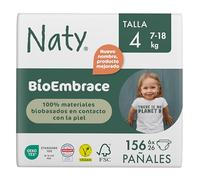 Naty BioEmbrace Pañales para Bebé Talla 4 (7-18 kg) | 100% Biobasados en contacto con la piel | Suavidad a de origen vegetal, Dermatológicamente testado, Súper Absorbente | 156 Unidades