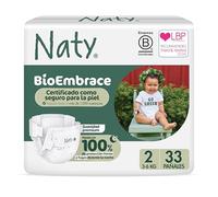 Naty BioEmbrace Pañales Recién Nacido | Testados para piel sensible | Protección antifugas hasta 100% | Suavidad vegetal | Sin cloro | Talla 2 (3-6 kg), 33 unidades