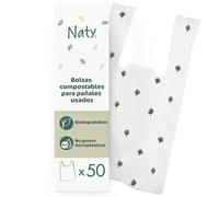 Naty Bolsas Desechables de Pañal Compostables con asas anudables, 50 uds | Sin fragancia, Para cambios y eliminación de residuos, viajes y mascotas, De origen vegetal, Para llevar a cualquier parte