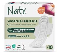 Naty compresas posparto con alas | 100% algodón orgánico certificado en contacto con la piel | Seguras para piel sensible, sin fragancia y sin plástico convencional | Toallas suaves | 10 unidades