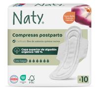 Naty Compresas postparto con alas, 100% algodón orgánico en la piel, 10 uds | Certificadas seguras, Protección Postnatal y Absorbente para Maternidad, Suave, Cómoda y Transpirable, Sin Fragancia