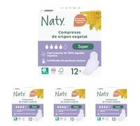Naty Compresas Super con alas | 100% algodón orgánico certificado en contacto con la piel | Certificadas seguras | Sin perfume, 0% plástico convencional | Protección absorbente | 12 unidades