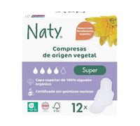 Naty Compresas Super con alas, 12 unidades | 100% Algodón orgánico en la piel, Certificadas seguras, Cómodos y transpirables, Sin perfume, Protección absorbente
