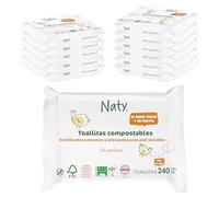 Naty toallitas para bebé sin perfume | 98% agua purificada | Para piel sensible | Suaves para recién nacidos | De origen vegetal y sin plástico | Certificadas compostables | 240 unidades (12 paquetes)