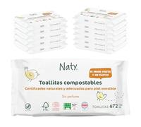Naty toallitas para bebé sin perfume | 98% agua purificada | Para piel sensible | Suaves para recién nacidos | De origen vegetal y sin plástico | Certificadas compostables | 672 unidades (12 paquetes)