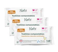 Naty toallitas para bebé sin perfume | 98% agua purificada | Para piel sensible | Suaves para recién nacidos | De origen vegetal y sin plástico | Certificadas compostables | 168 unidades (3 paquetes)