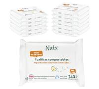 Naty Toallitas para Recién Nacidos y Bebés | 98% Agua, Hipoalergénicas y Naturales para Piel Sensible | Sin Perfume, de Origen Vegetal | Dermatológicamente testadas | 240 unidades (12 paquetes)