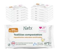 Naty Toallitas para Recién Nacidos y Bebés | 98% Agua, Hipoalergénicas y Naturales para Piel Sensible | Sin Perfume, de Origen Vegetal | Dermatológicamente testadas | 672 unidades (12 paquetes)