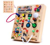 Nauotk Tabla Ocupada de Madera, Tabla Montessori para Bebés de 2 3 4 Años, Tabla de Actividades con 19 LED, Juguete Educativo Sensorial de Habilidades Motoras Regalo para Niños y Niñas