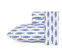 Nautica Juego de sábanas de tamaño Doble, Ropa de Cama de percal de algodón, decoración Costera para el hogar, Doble, Peces sobre Fondo Blanco (Woodblock Fish Blue)