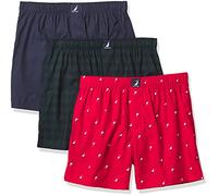 Nautica Men's Classic Cotton 3-Pack Woven Boxer, Peacoat/Buffalo Check-Tidal Green/Holiday Sail Print-Red, Large
