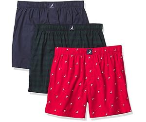 Nautica Men's Classic Cotton 3-Pack Woven Boxer, Peacoat/Buffalo Check-Tidal Green/Holiday Sail Print-Red, Large