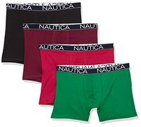 Nautica Men's Cotton Stretch 4 Pack Boxer Brief, Black/Tawny Port Red/Green, Large