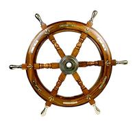 Nautical Premium Sailor's Hand Crafted Brass & Wooden Ship Wheel | Luxury Gift Decor | Boat Collectibles | Nagina International (12 Inches, Anchor & Strips With Brass Handles)