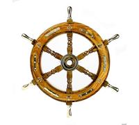 Nautical Premium Sailor's Hand Crafted Brass & Wooden Ship Wheel | Luxury Gift Decor | Boat Collectibles | Nagina International (20 Inches, Anchor & Strips With Brass Handles)