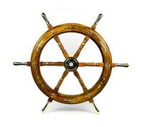 Nautical Premium Sailor's Hand Crafted Brass & Wooden Ship Wheel | Luxury Gift Decor | Boat Collectibles | Nagina International (30 Inches, Anchor & Strips With Brass Handles)