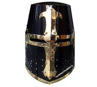 Casco medieval de caballero templario de Halloween con acabado negro y diseño de latón