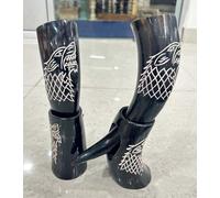 Nautical Replica Hub Juego de dos cuernos de buey y lobo con soporte de diseño de lobo estilo vikingo para cerveza, vino, Mead, regalo de boda