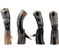 Nautical Replica Hub Set de Cuerno para Beber, Mead, Ale, Auténtico Cuerno Vikingo Tallado con Porta Cerveza Estilo Medieval Inspirado en Juego de Tronos (Juego de 4)