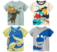 NautySaurs Pack de 4 Camisetas para niños pequeños con Dinosaurio tiburón Excavadora camión gráfico Manga Corta Camisetas