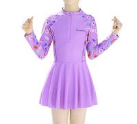 NautySaurs Traje de baño de una pieza de manga larga para niñas con falda, traje de baño para niños grandes con gorro de natación, Morado (, 9-10 años