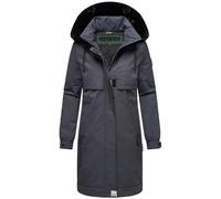 Navahoo Abrigo de mujer largo, cálido, de invierno con pelo sintético y capucha (ambas desmontables) Salvavidas para el clima frío 14 XS-6XL, azul marino, S