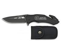 Navaja con grabado GRUPO OPERACIONES ESPECIALES Seguridad Negra Hoja 8,8 cm para Caza, Pesca, Camping, Outdoor, Supervivencia y Bushcraft Albainox 19907GR261 + Portabotellas de regalo