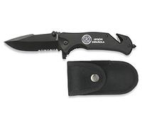 Navaja con Grabado Legion Española, Negra Seguridad Hoja 8,3 cm para Caza, Pesca, Camping, Outdoor, Supervivencia y Bushcraft Albainox 19800GR256 + Llavero Mosquetón de Regalo
